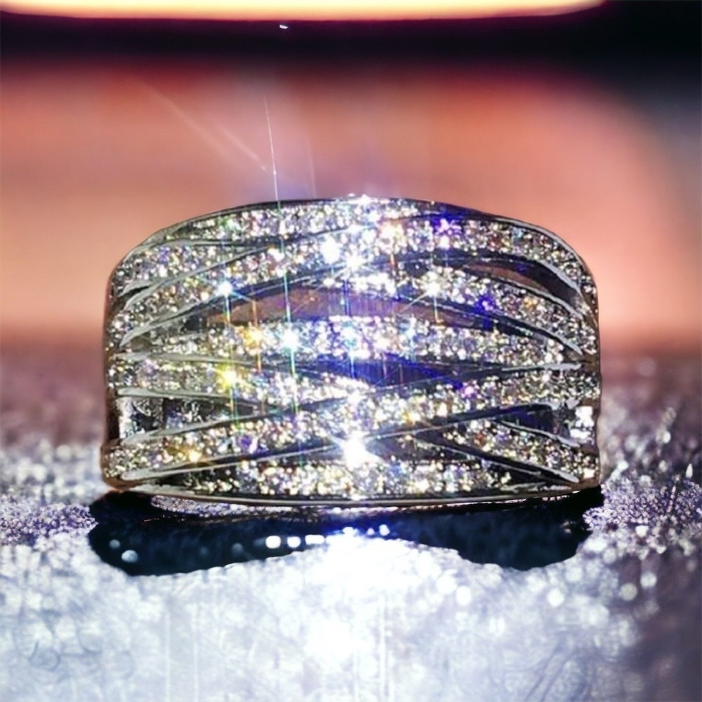 Multi Row Gemstone Sterling Silver Plated Pave Ring Size 8